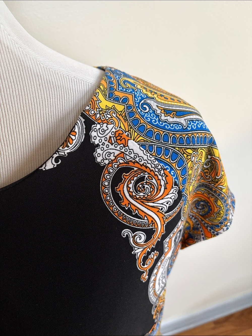 Joseph Ribkoff Black Midi Dress with Blue and Gold Paisley Trim - Picture 4 of 9
